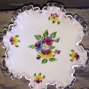Fenton "Silver Crest" Milk Glass Clear Ruffled Top Pedestal Compote pansy